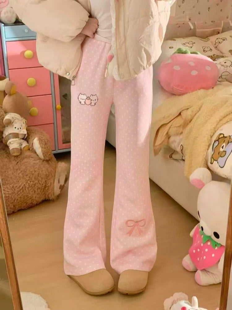 Kawaii Polka Dot Flared Pants with Embroidery