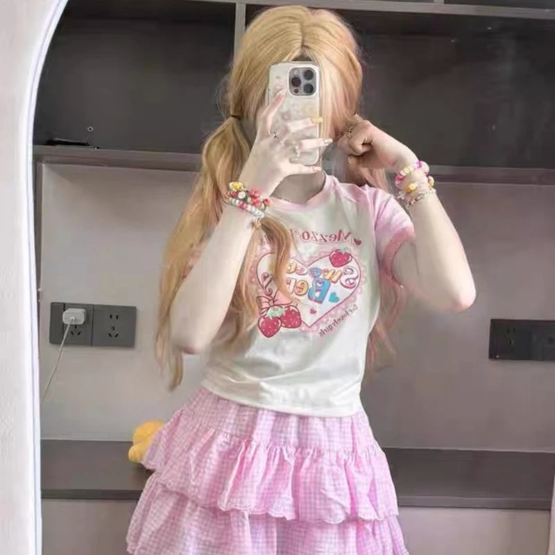 Pink and White Strawberry Graphic T-Shirt with Lace-Trim Sleeves