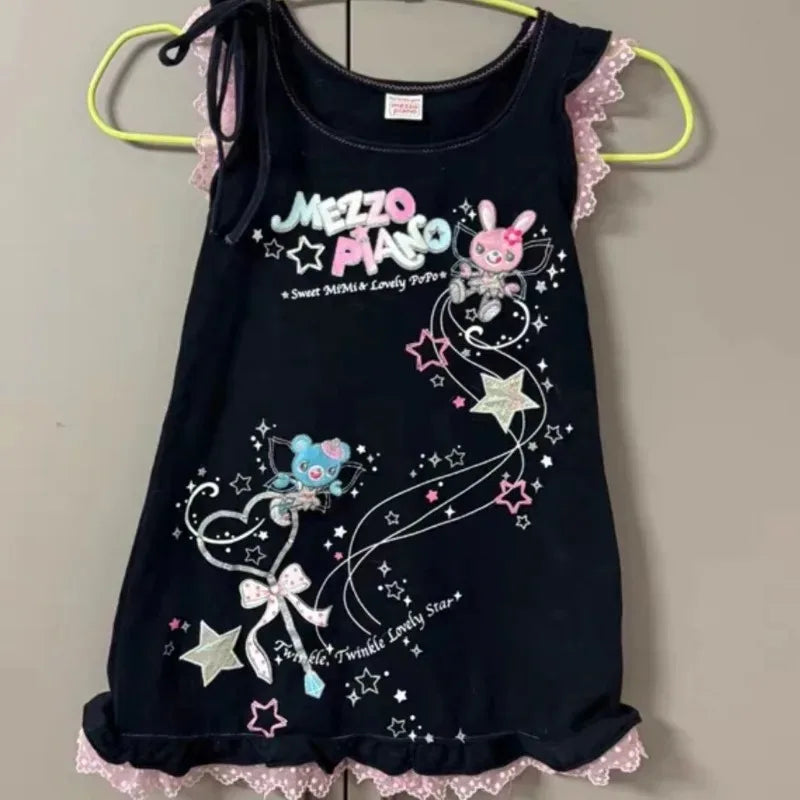 Kawaii Black Sleeveless Cartoon Print Dress with Lace Trim