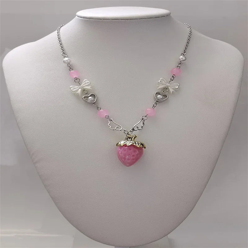 Kawaii Pink Strawberry Pendant Necklace with Bow and Heart Details