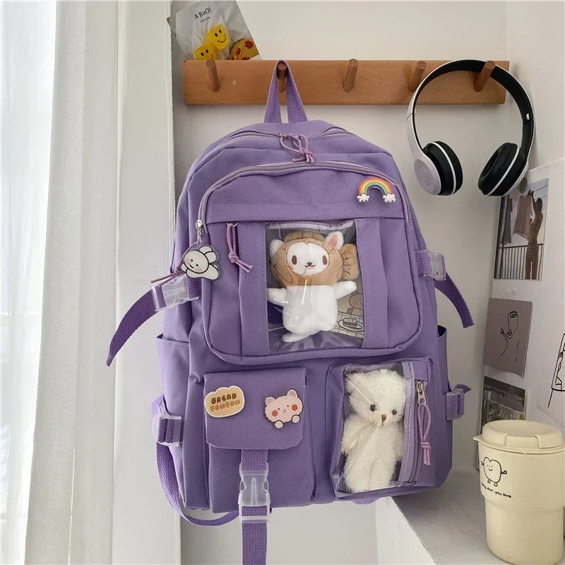 Kawaii Multi-Pocket Backpack – White, Purple or Black