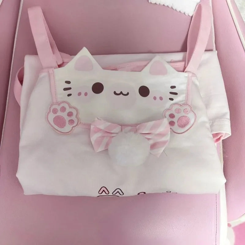 Kawaii Pink Cat Graphic Long-Sleeve Top