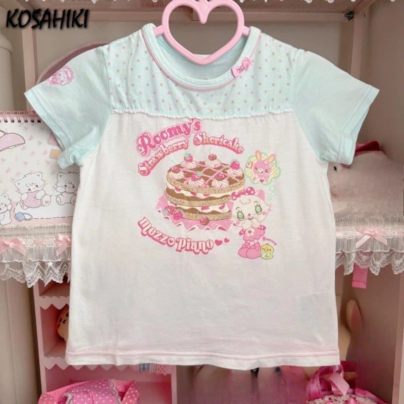 Kawaii Women's Light Blue Cartoon Graphic T-Shirt