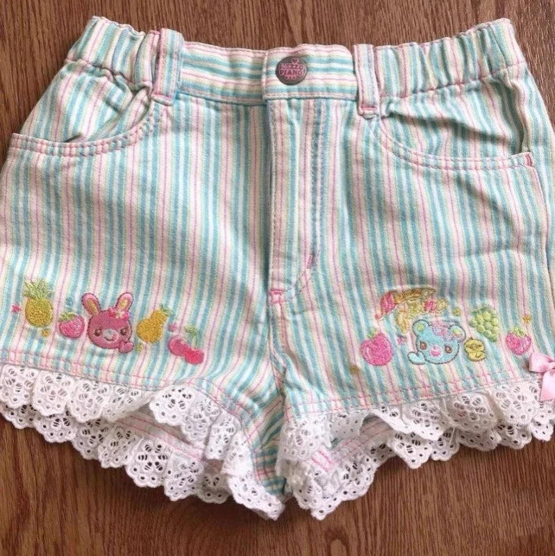 Kawaii Women's Striped Cartoon-Embroidered Lace-Trim Shorts