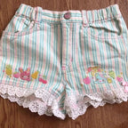 Kawaii Women's Striped Cartoon-Embroidered Lace-Trim Shorts