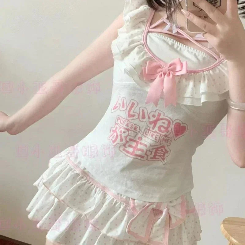Kawaii Polka Dot Ruffle Mini Skirt with Bow