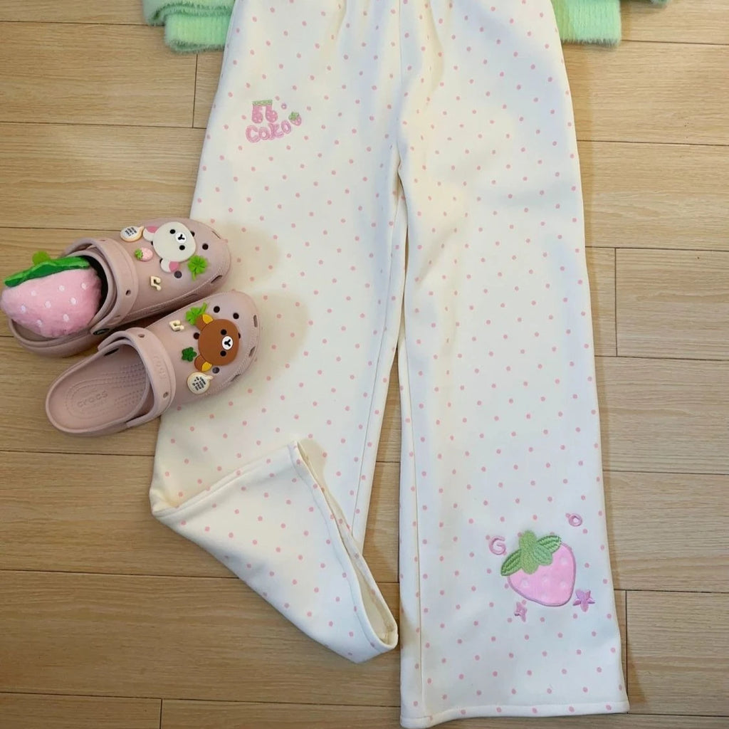 Kawaii Women's White Strawberry Embroidered Polka-Dot Pants