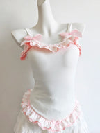 Kawaii Lace-Trim Bow Camisole Tops & Skirt Sets