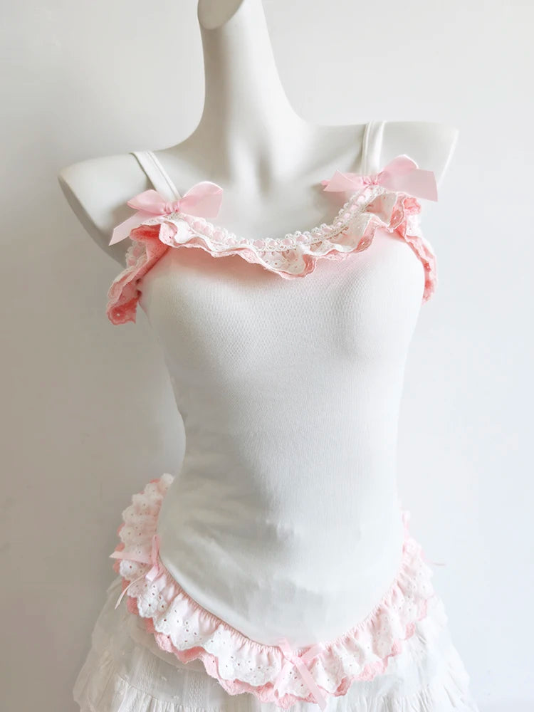 Kawaii Lace-Trim Bow Camisole Tops & Skirt Sets