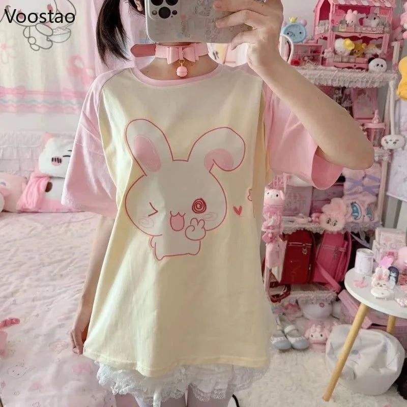 Kawaii Bunny Print T-Shirt with Pink Sleeves