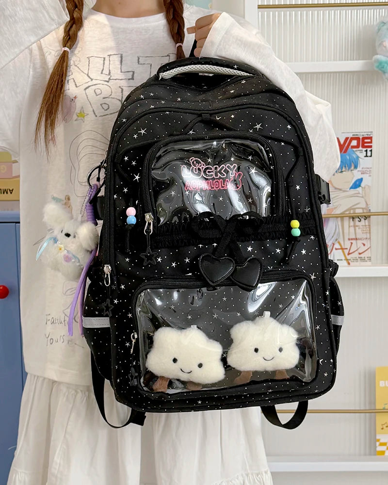 Kawaii Star-Print Multi-Pocket Backpack with Bow and Reflective Details