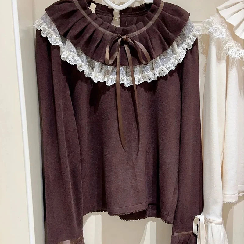 Kawaii Women's Lolita Lace Ruffle Bow Long-Sleeve T-Shirt