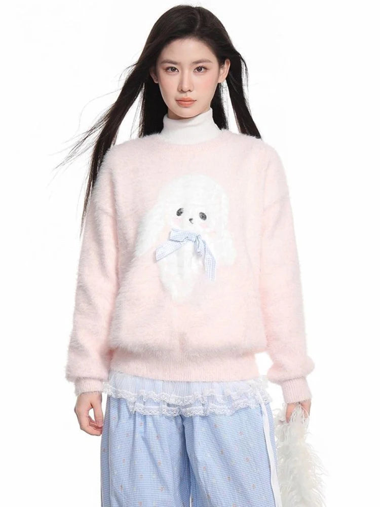 Kawaii Pink Cartoon Bow Sweater with Plush Appliqué