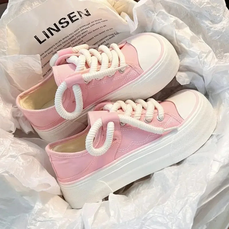 Women's Kawaii Canvas Platform Sneakers - Lace-Up, 4 cm Heel