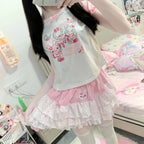 Kawaii Pink Polka Dot Ruffle Mini Skirt with Bunny Appliqué