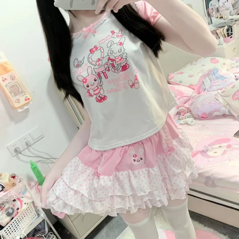 Kawaii Pink Polka Dot Ruffle Mini Skirt with Bunny Appliqué