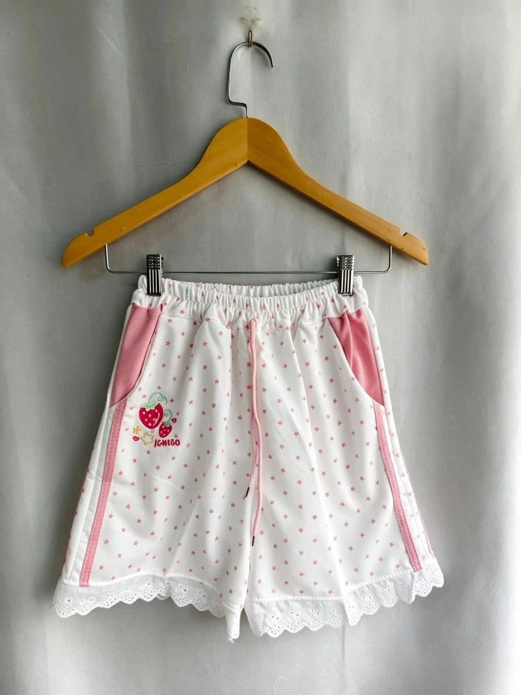 Kawaii Women's Strawberry Embroidered Star-Print Shorts with Lace Trim