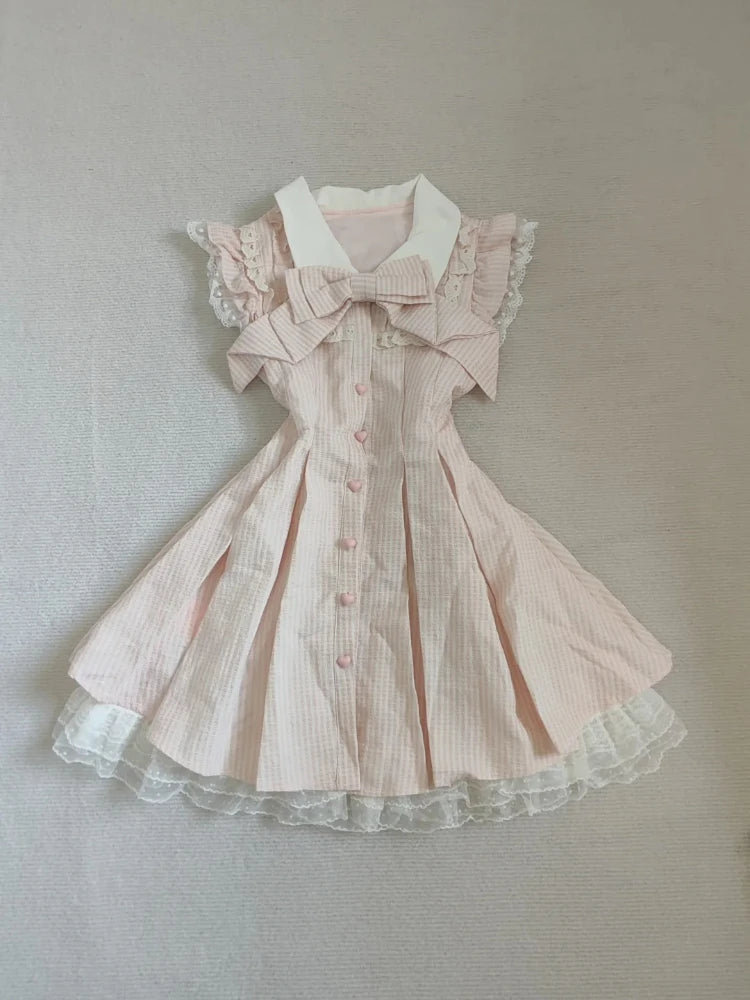 Kawaii Pink Striped Bow Mini Dress