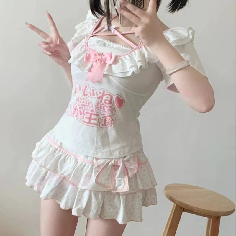 Kawaii Polka Dot Ruffle Mini Skirt with Bow