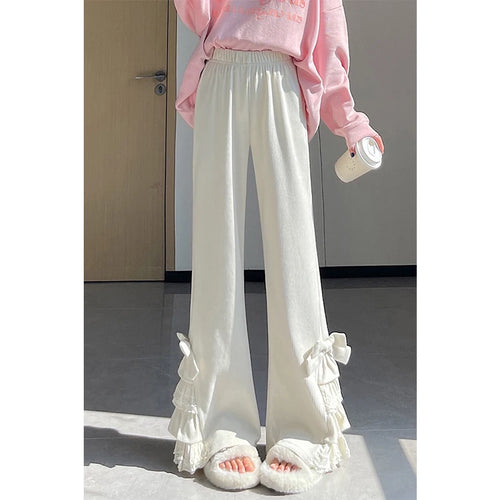 Kawaii Corduroy Flare Pants with Bow and Lace Trim