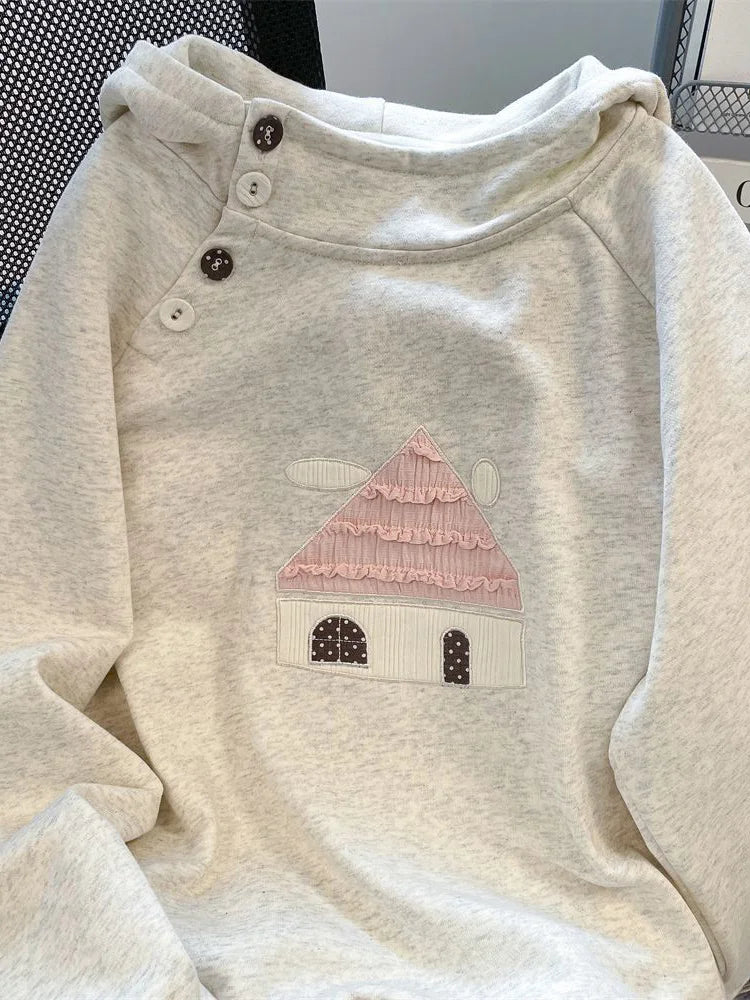 Kawaii Women's Hooded Cottage Print Pullover Sweatshirt - White Gray