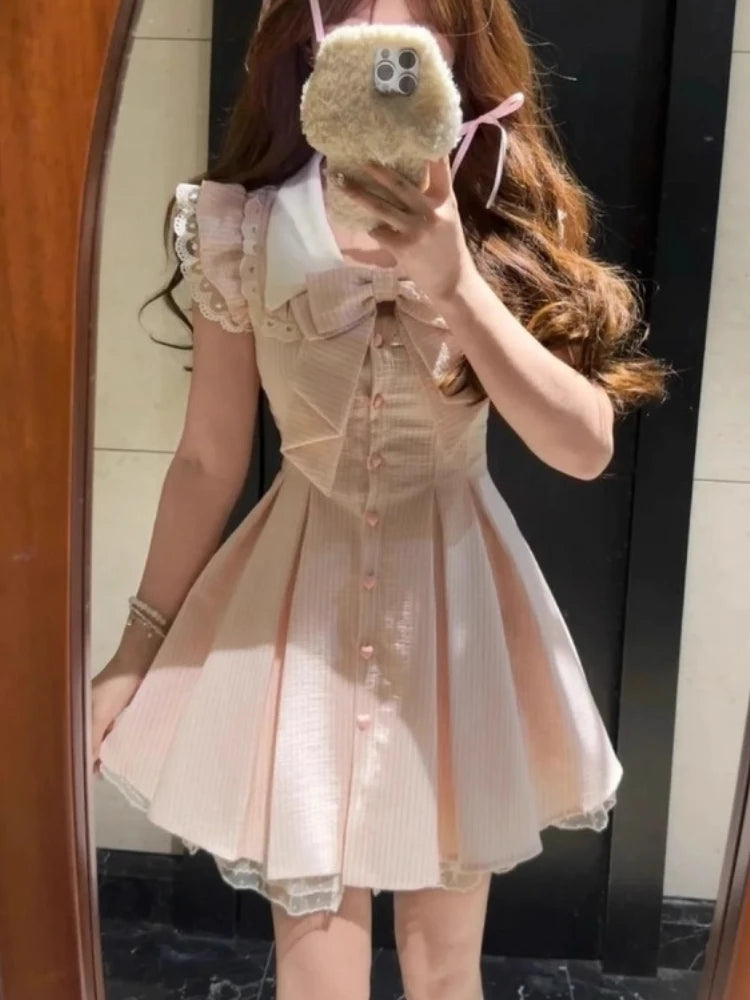 Kawaii Pink Striped Bow Mini Dress