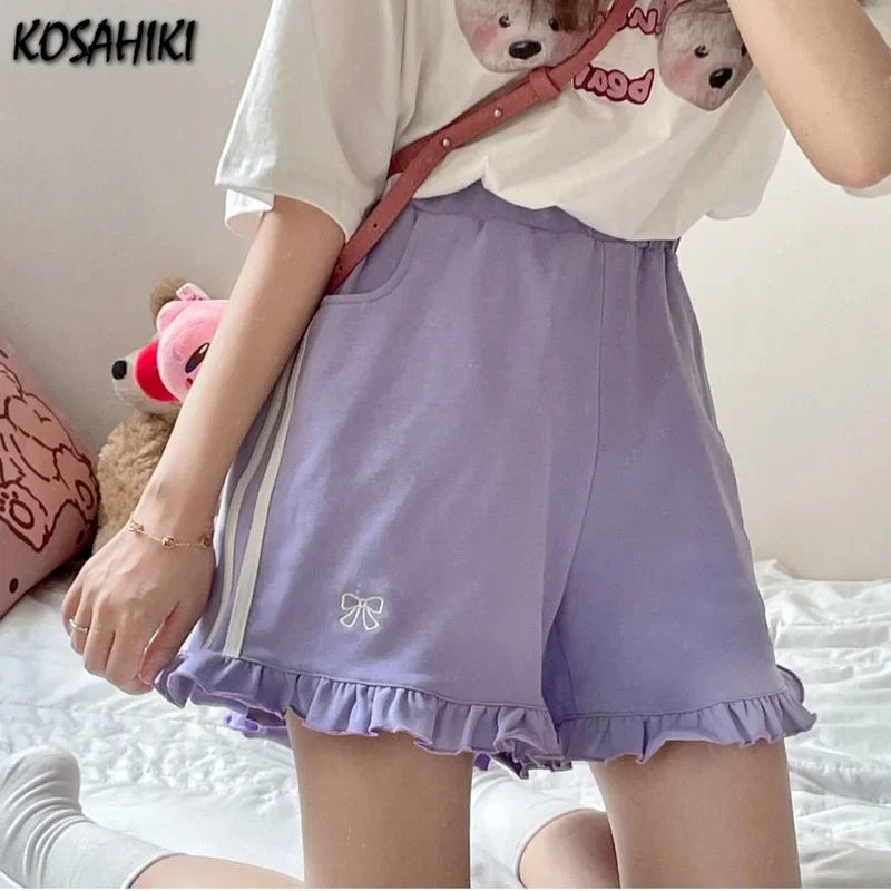 Kawaii Bow-Embroidered Ruffle Shorts