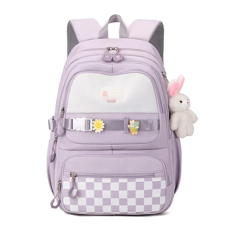 Kawaii Plaid Nylon School Backpack with Bunny Charm