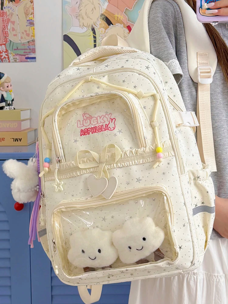 Kawaii Star-Print Multi-Pocket Backpack with Bow and Reflective Details