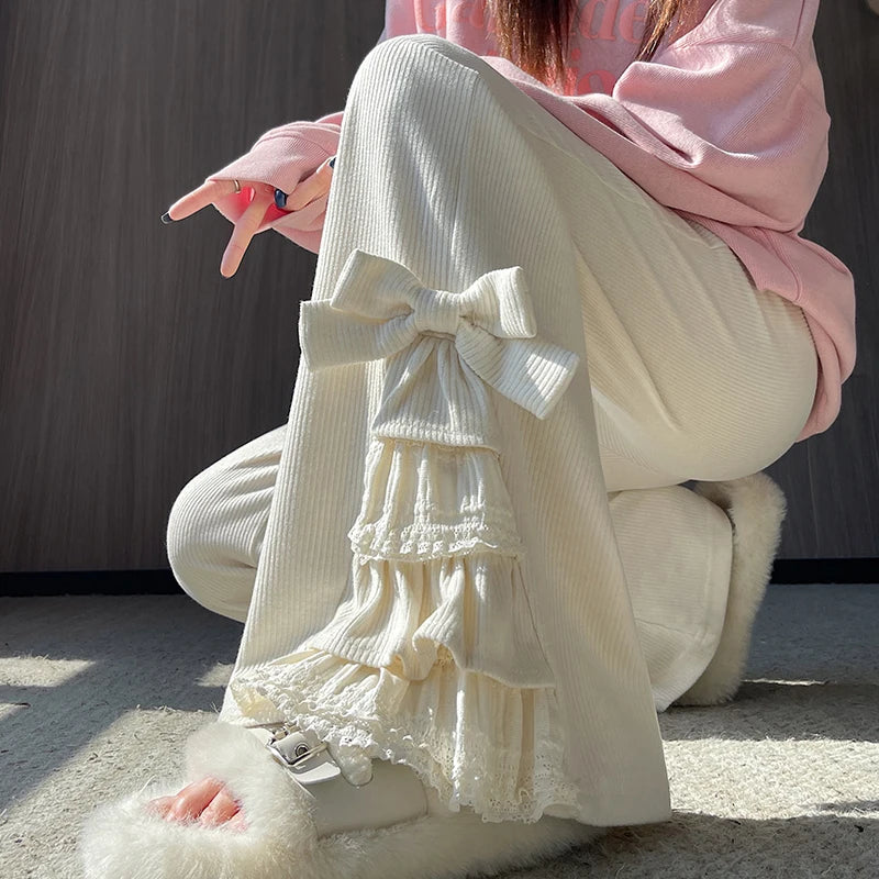 Kawaii Corduroy Flare Pants with Bow and Lace Trim