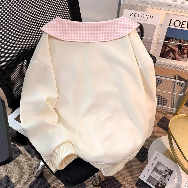Kawaii Women's Cream Plaid Peter Pan Collar Dog Embroidery Zip-Up Sweatshirt