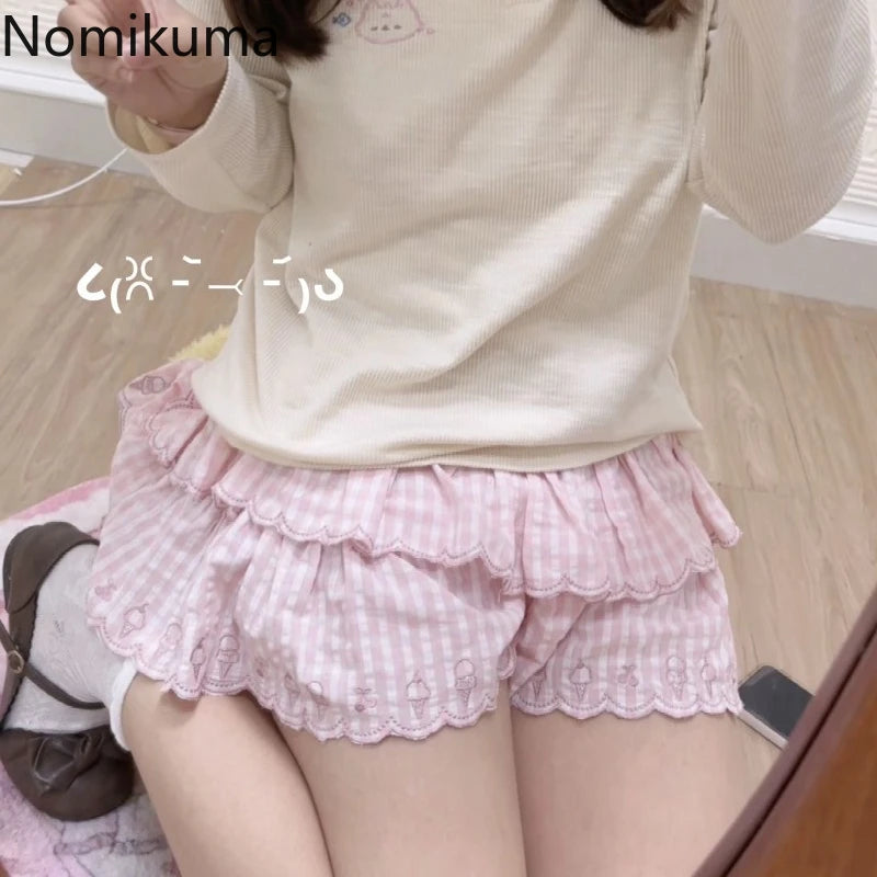 Pink Plaid Embroidered Ruffle Mini Skirt