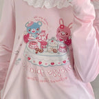 Kawaii Pink Cartoon Print Lace-Trim Long-Sleeve Top