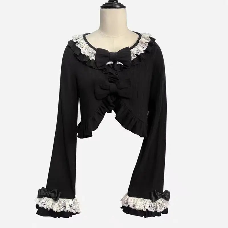 Kawaii Women’s Ruffled Bow Knit Cropped Cardigan