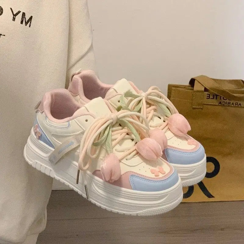 Kawaii Flower Charm Platform Sneakers - White with Green, Pink or Blue