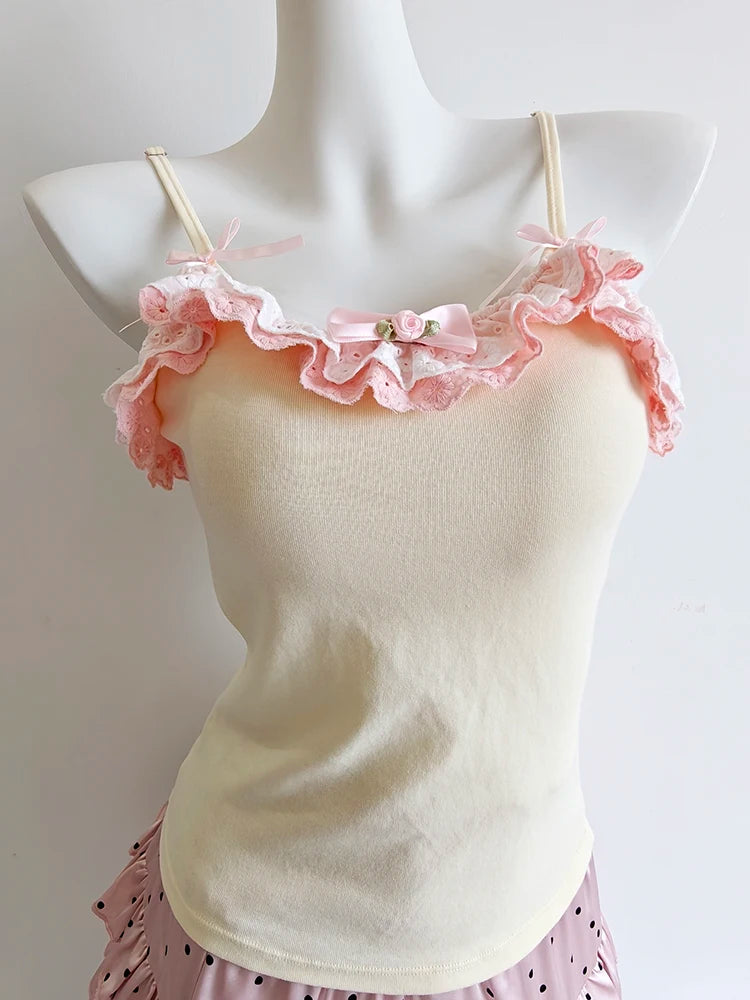 Kawaii Lace-Trim Bow Camisole Tops & Skirt Sets