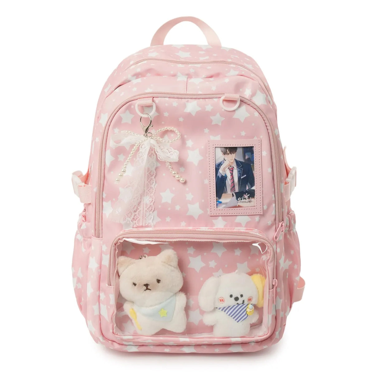 Star Print Kawaii Backpack with Clear Front Pocket, Lace Bow & Plush Display