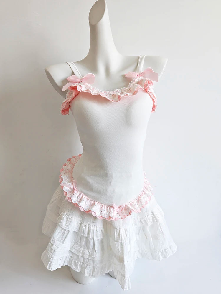 Kawaii Lace-Trim Bow Camisole Tops & Skirt Sets