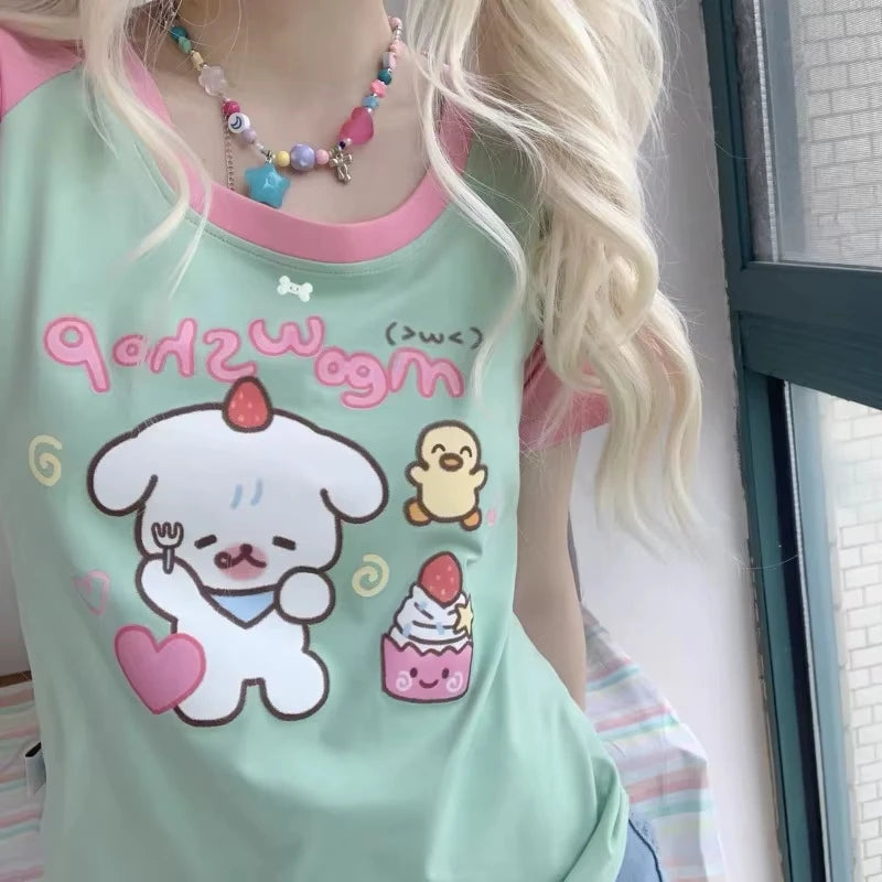 Kawaii Mint Green and Pink Raglan Cartoon Graphic T-Shirt
