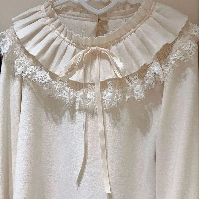 Kawaii Women's Lolita Lace Ruffle Bow Long-Sleeve T-Shirt