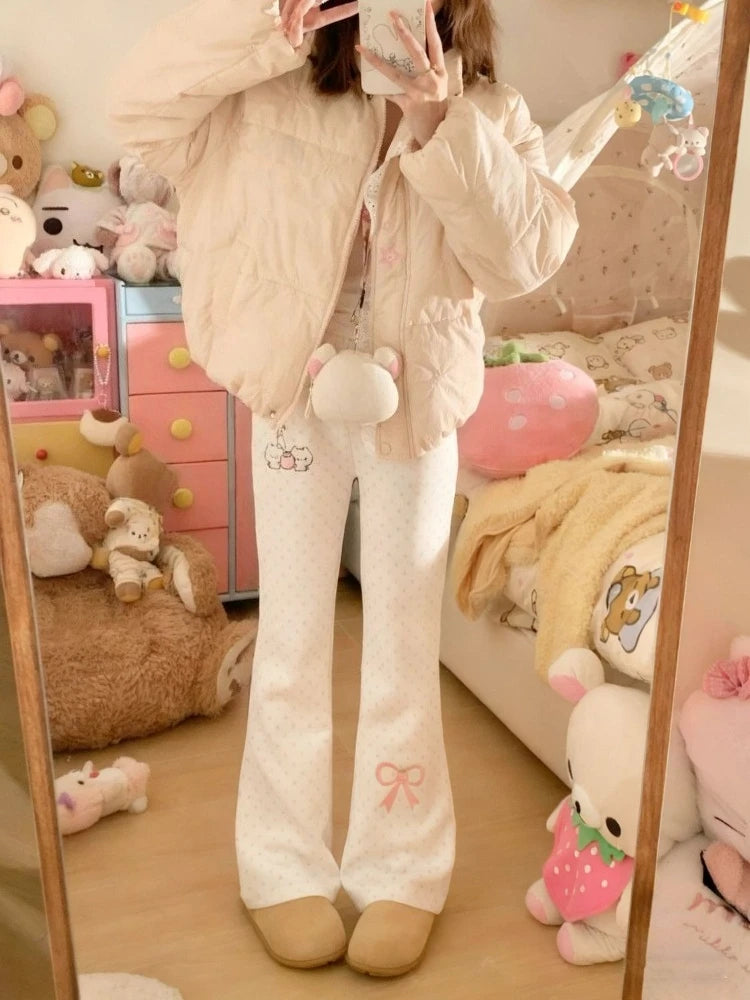 Kawaii Polka Dot Flared Pants with Embroidery