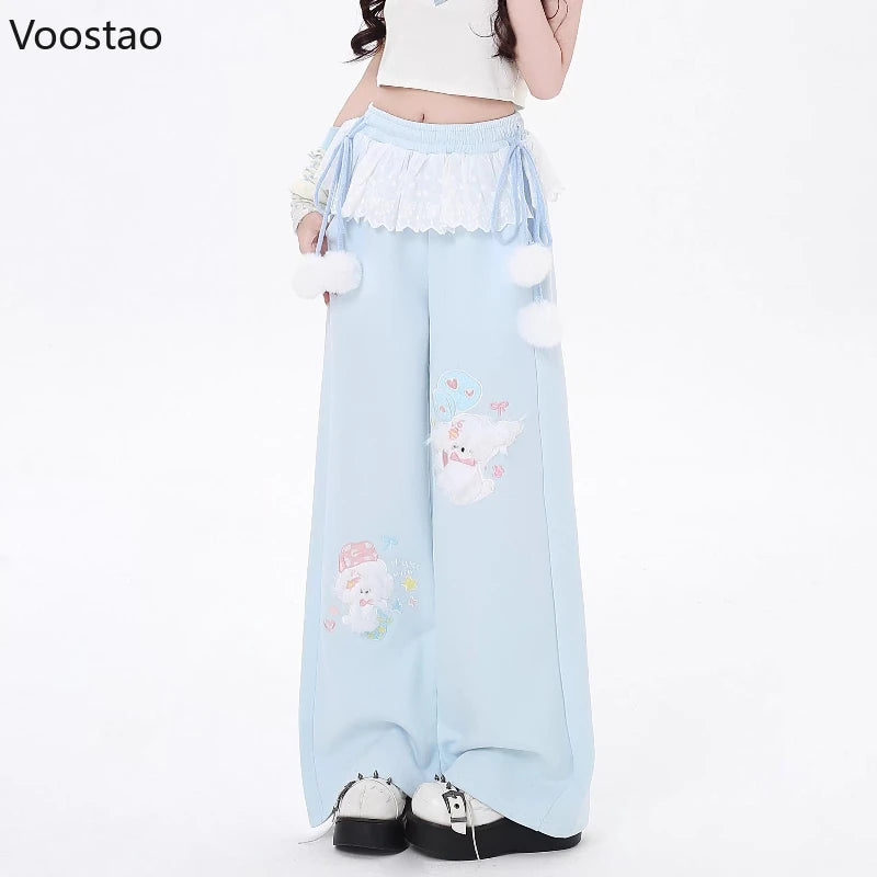 Women's Kawaii Cartoon Embroidered Wide-Leg Pants