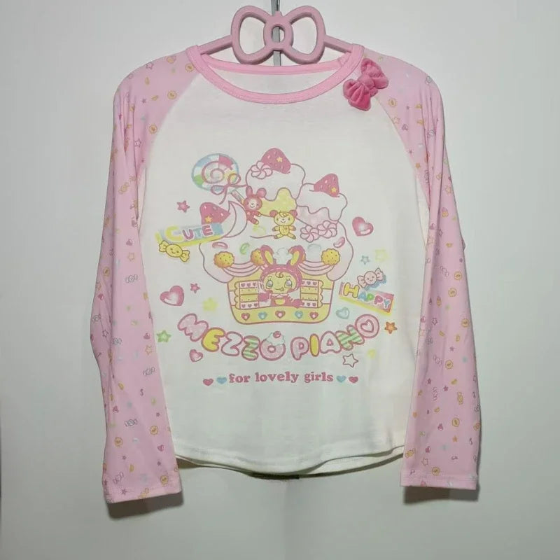 Kawaii Cartoon Graphic Long-Sleeve T-Shirt with Bow Detail