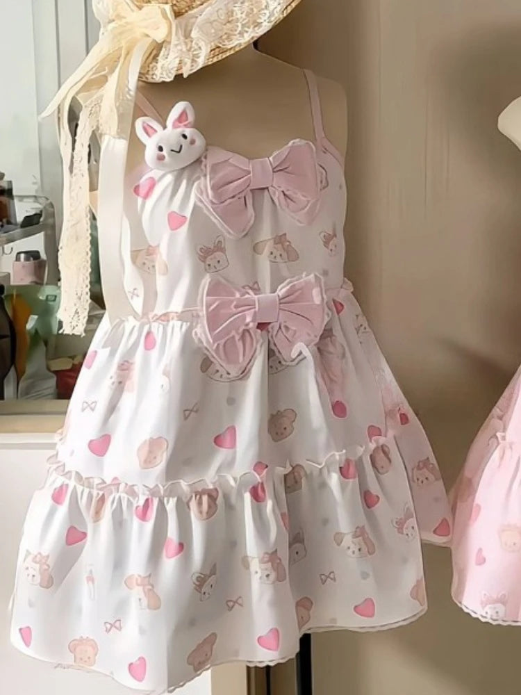 Kawaii Strawberry Print Bow Mini Dress