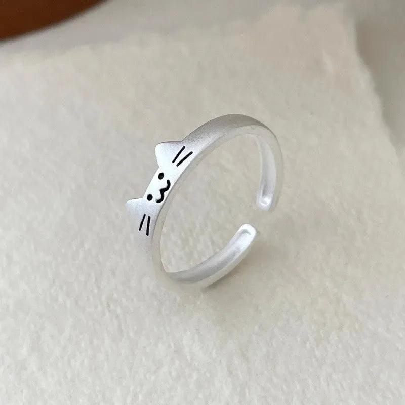 Kawaii Adjustable Silver-Tone Cat and Dog Rings