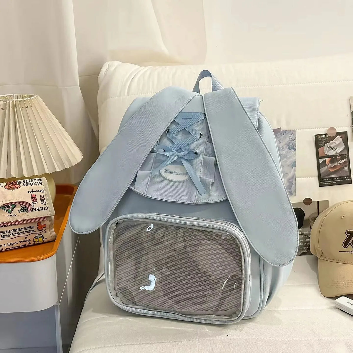 Kawaii Rabbit-Ear Ita Backpack with Transparent Front Pocket