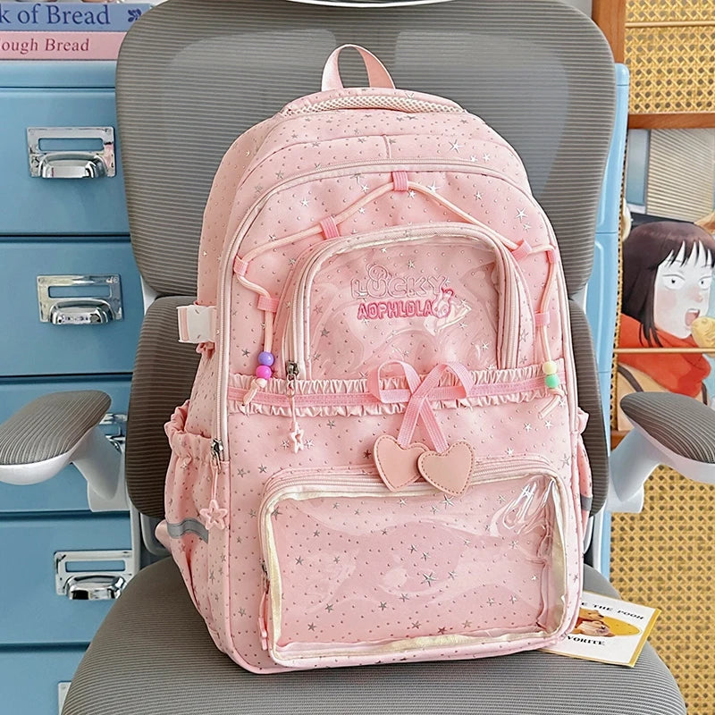 Kawaii Star-Print Multi-Pocket Backpack with Bow and Reflective Details