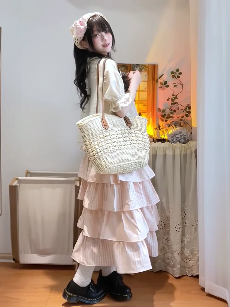 Kawaii Women's Pink Plaid Ruffle Skirt and Short-Sleeve Top Set