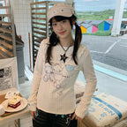 Kawaii Women's White Cat-Print Polka-Dot Knit Long-Sleeve T-Shirt