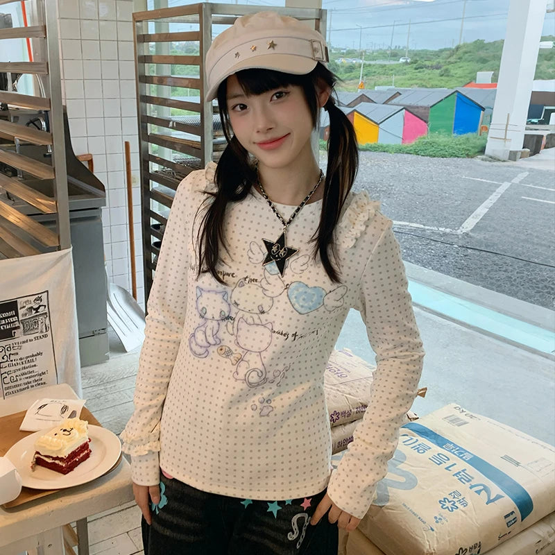 Kawaii Women's White Cat-Print Polka-Dot Knit Long-Sleeve T-Shirt